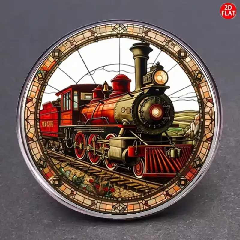 Vintage Steam Train Badge – Stainless Steel Medallion with Glass Cabochon, Unique Locomotive Pin, Lightweight Brooch for Jackets & Bags